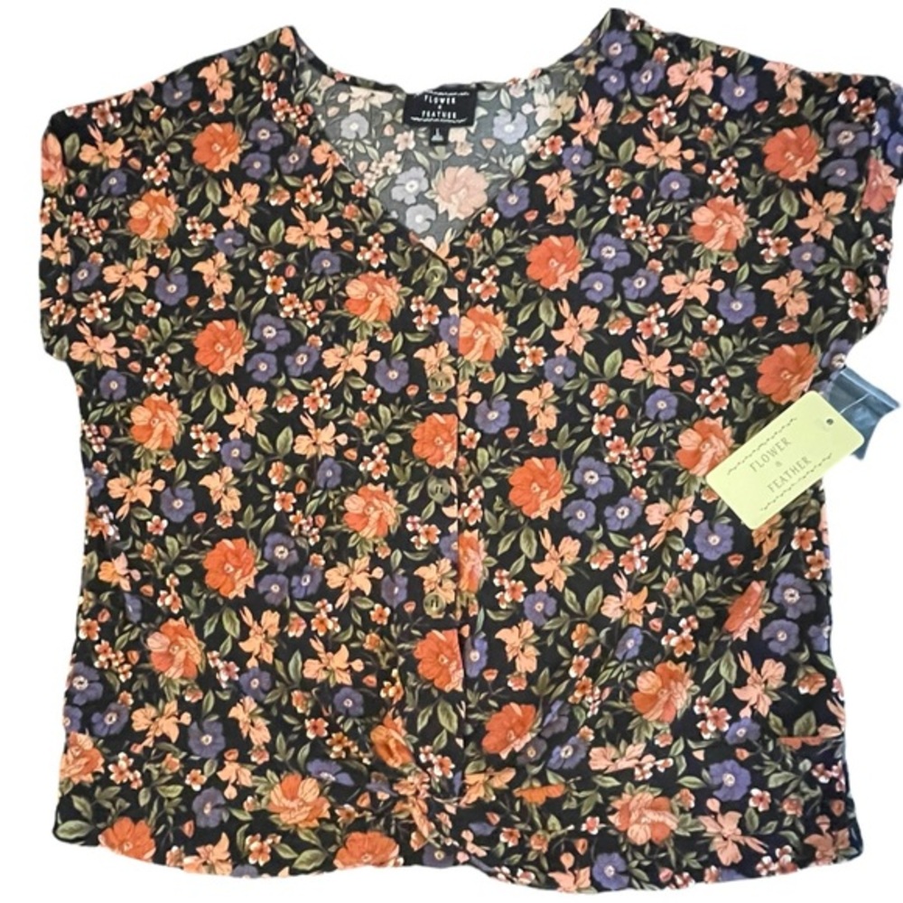 Flower & Feather Black With Floral Print Twist Front Cap Sleeve Crop Top Large